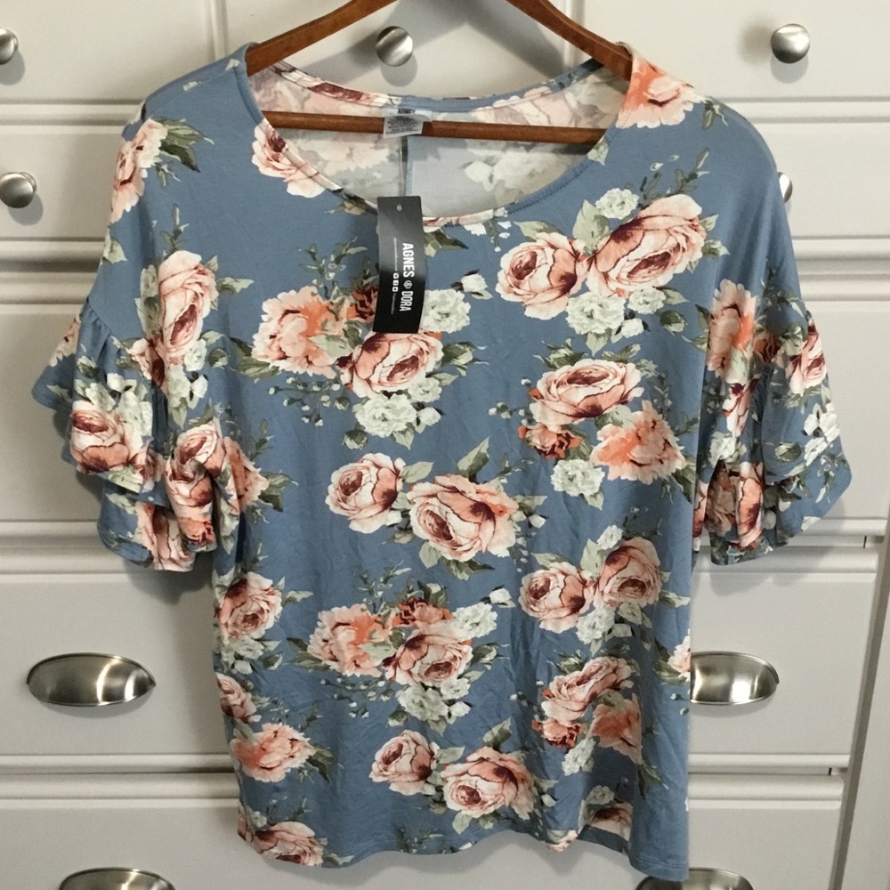 NWT Cottage Shabby Chic Rose Print Frill Sleeve Top size M